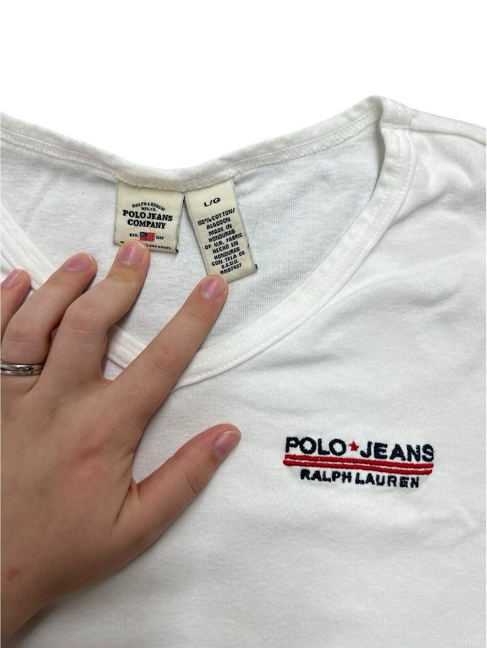 Polo Jeans Ralph Lauren Baby Tee White V-Neck Women’s Large Y2K - Picture 4 of 6